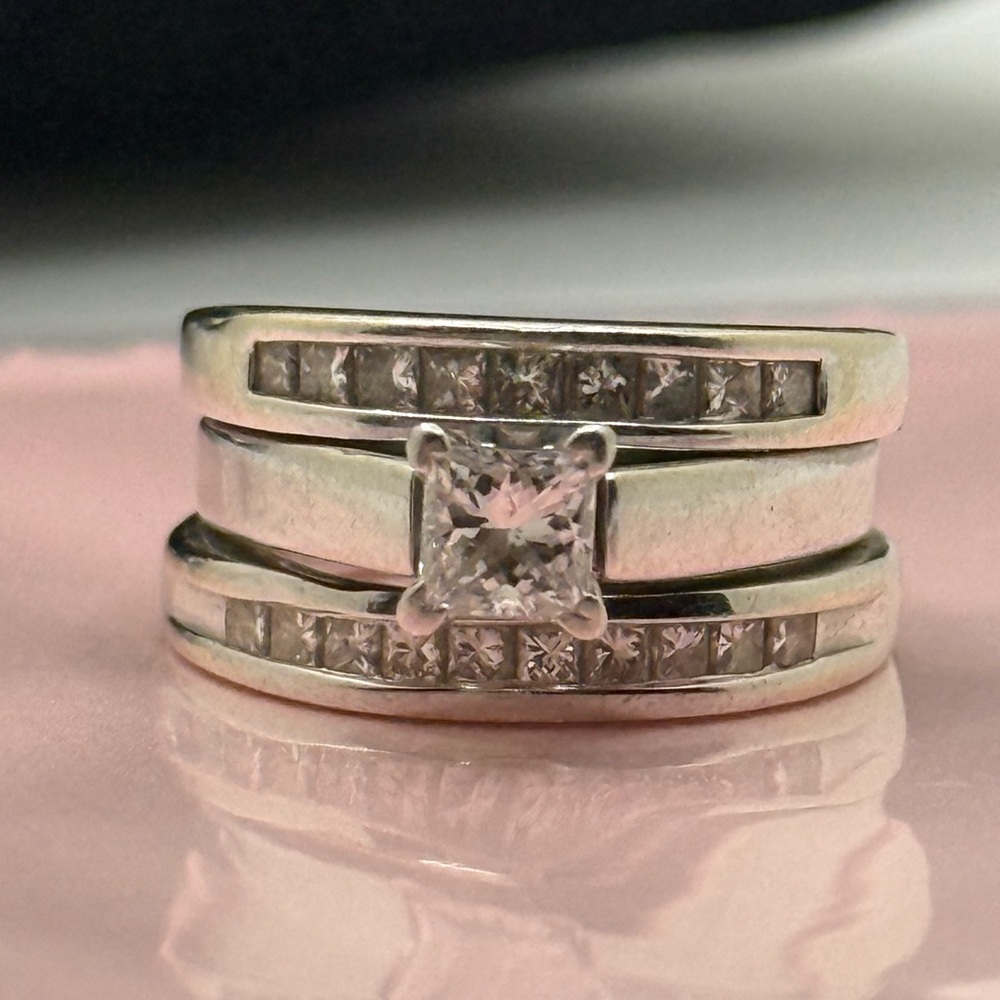 Vintage 3 in 1 14K White Gold Princess Cut Natural Diamonds Engagement Ring